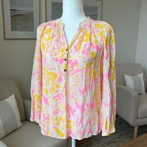 Lily Pulitzer Silk Elsa Floral Blouse Top Ooh La La Pink Yellow Size XS